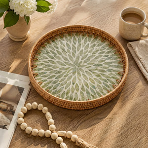 Round Rattan Decorative Tray Green Leaf Pattern Bohemian Style <b>Plant</b> Fiber Multi-Functional Serving Platter Set for Dining <b>Table</b> - Product Image 1
