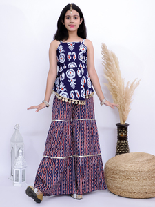 Ensemble Kurti et Sharara pour filles, en coton tissé traditionnel, manches imprimées, pour les fêtes - Bleu - Product Image 3
