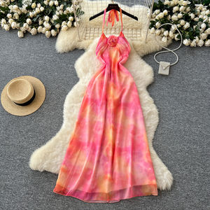 Vestido Halter Coqueta Francés para Mujer, Vestido Floral 3D con Estampado de Acuarela y Cintura Ajustable para Vacaciones en la Playa - Product Image 1