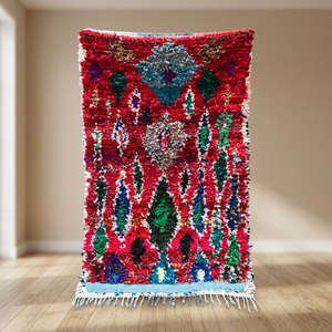 Tapis Boucharouite marocain fait main, motif géométrique rouge, style bohème, tapis épais à poils moyens en laine avec support en jute pour salon - Product Image 5