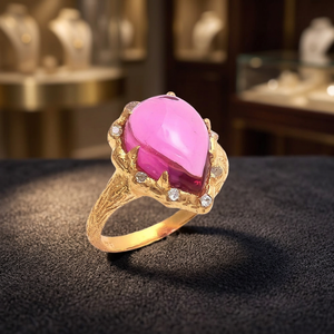 Vintage 18K <b>Gold</b> Plated Cocktail <b>Ring</b> With Natural Rose Quartz Pear Stone Prong Setting Women's Party Jewelry Gift - Product Image 3