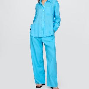 Conjunto de Lino Sólido Nuevo de Moda para Mujer, Traje de Dos Piezas de Algodón y Lino, Camisa Casual de Primavera/Verano y Pantalones de Pierna Ancha para Damas - Product Image 1