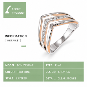 Silver Tone Chevron <b>Ring</b> V Shaped Layered Band with Clear Stone Accent Row Modern <b>Statement</b> Jewelry - Product Image 2