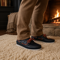 Mocassins de bateau pour hommes en cuir véritable huilé bleu marine, personnalisables avec logo, cousus main, style slip-on, pour la navigation, vente en gros