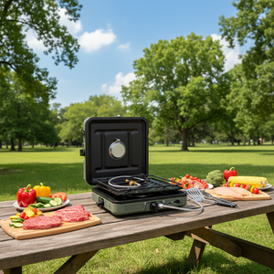 2-Brenner Tragbarer Campingkocher mit Grill, Klappbarer Propan-Butan-Gaskocher für Camping und Outdoor - Product Image 1