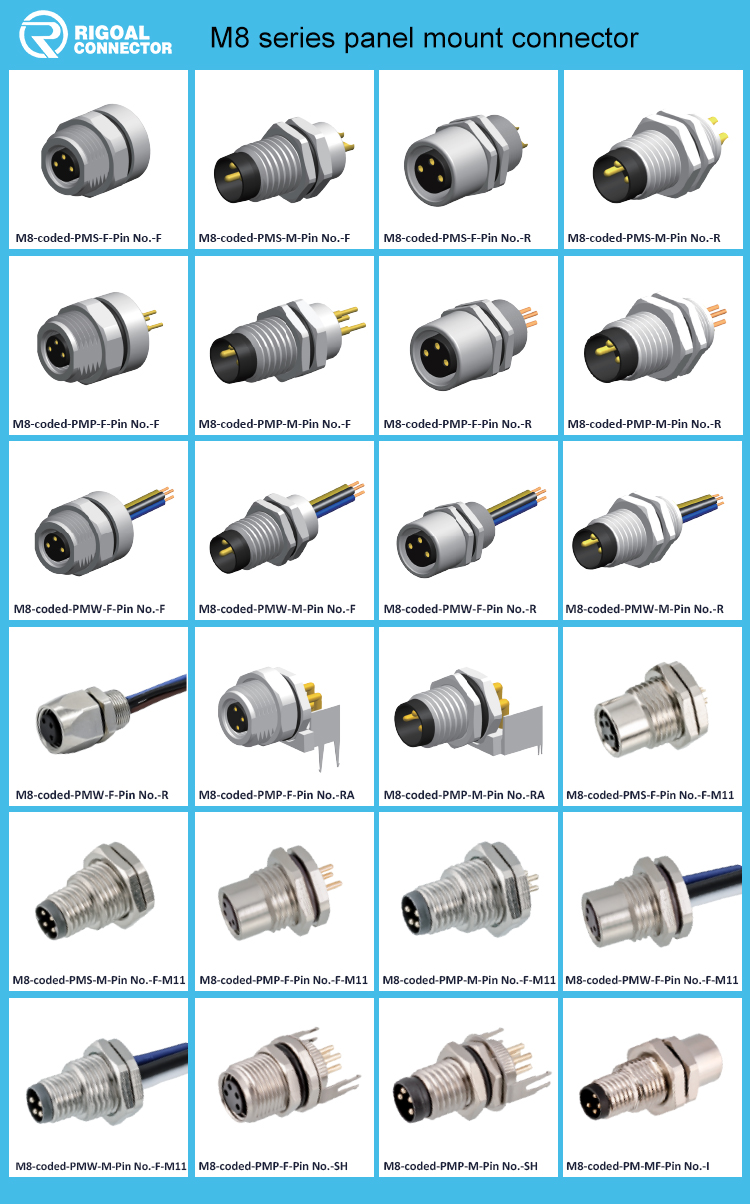 8pin Front Screw M8 Waterproof Connector Panel Mount Industrial Plug Socket