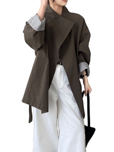 Muguyu Autumn Vintage British Style Stand Collar <strong>Trench</strong> <strong>Coat</strong> <strong>Women</strong> Loose Fit Slimming Waist-Cinched Mid-Length Fleece Lining - Product Image 1