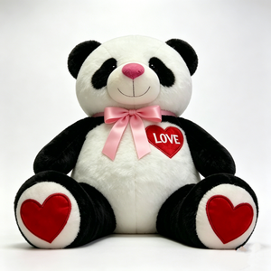 Customized Cute Valentine Panda Plush Toy - Soft Fluffy Black & White Stuffed Animal with <b>Pink</b> Satin Bow, Red Heart Accents - Product Image 1