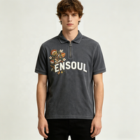 T-shirts de golf pour hommes à manches courtes, col zippé, coupe oversize, 100% coton lourd 280 GSM, effet délavé vintage, avec logo floral brodé personnalisé