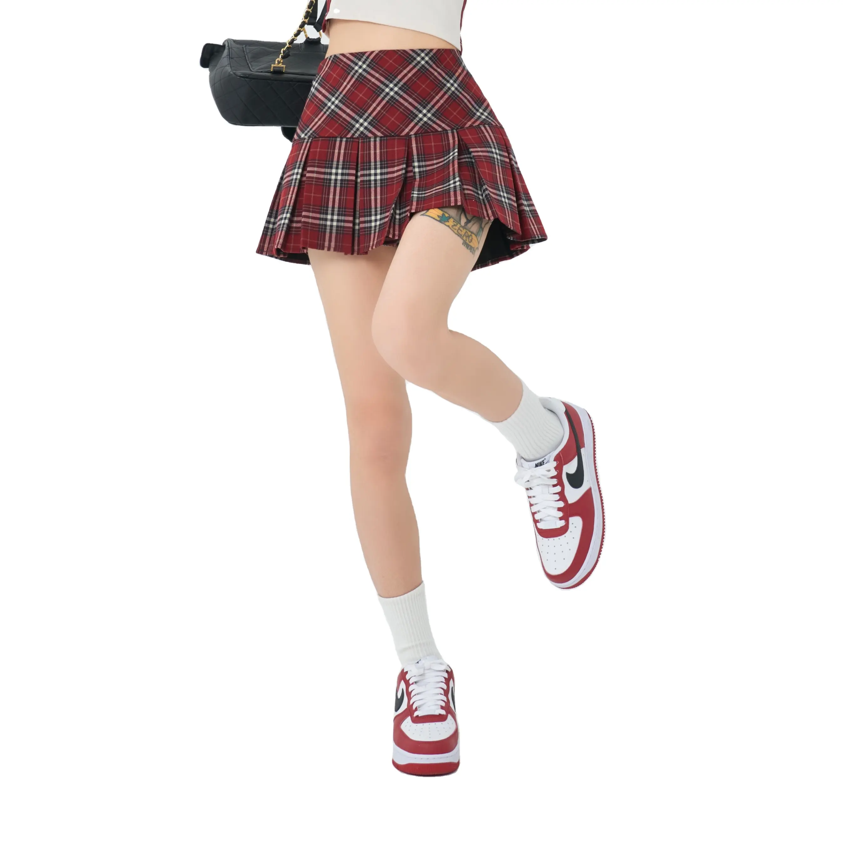 Red plaid pleated skirt spring and autumn high waist a-word design feeling small spicy girl half-length short skirt