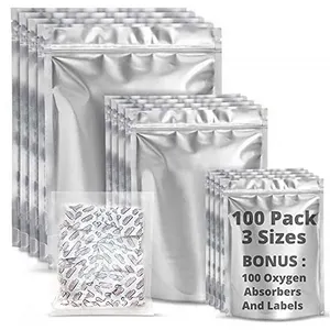 Premount 100 Mylar Bags For Food Storage With Oxygen Absorbers 300cc - 1 Gallon 4 Mil 10"x14",6"x9",4"x6" - Resealable Bags