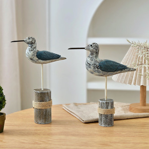 Juego de 2 Aves Marinas Talladas en Madera Maciza, Color Azul Desgastado, Decoración Mediterránea para el Hogar, Decoración para Sala de Estar - Product Image 1