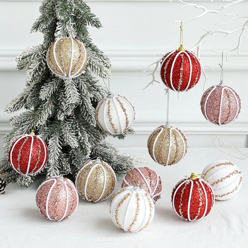 Yılbaşı ağacı süsleme 8cm toplu renkli köpük Baubles topları ile toz pul kumaş Modern noel ağacı dekorasyon malzemeleri