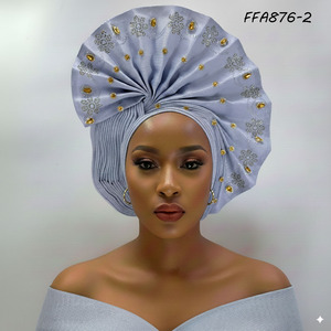 Nigerian Aso Oke Fashion Headtie Tela amarilla de Ankara con cuentas para fiestas Salidas casuales Pesca Último diseño - Product Image 2