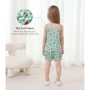 Toddler Girl Summer Outfit Sleeveless <b>Top</b> Shorts 2 Piece Set Green Checkered <b>Rose</b> Print Breathable Bamboo Cotton Clothing - Product Image 5
