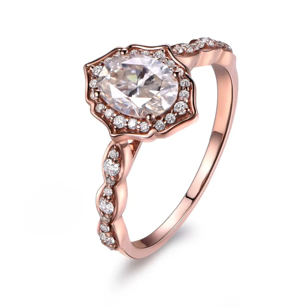 Handmade Rose Gold Plated đồ trang sức hình bầu dục cắt kim cương và Pave CZ Bridal Ring Forever Halo moissanite Floral engagement Ring