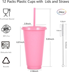 24 oz Herbruikbare Plastic Bekers, Op Maat Gemaakte Bekers voor Feestjes met Deksels en Rietjes, 12 Stuks IJs Koffie Reismokken, (12, Roze) - Product Image 2