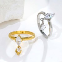 Anillo de Acero Inoxidable con Baño de Oro de 18K, Diseño 3D de Lágrima con Circonita, Borla Bicolor, Modelo Yuanheng, Unisex, para Uso Diario