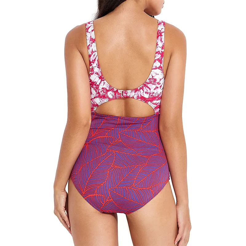 Contrast white and purple base floral print 1 piece women girl swim beachwear