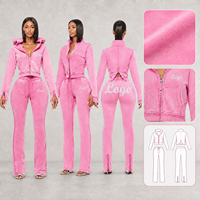 Ensemble deux pièces tendance pour femme : veste zippée personnalisée OEM/ODM, logo sur mesure, et pantalon de survêtement vintage délavé à l'acide, avec sweat à capuche court rose.