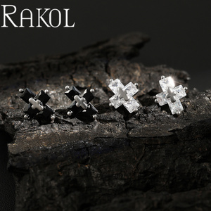 Pendientes chapados en plata de doble cruz con incrustaciones de circón casual de moda de alta calidad RAKOL ZPE831 - Product Image 3