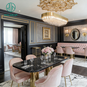 Table et chaises de café élégantes de style français, personnalisées, en marbre ovale, avec revêtement en velours rose, pour restaurant, salon de café - Product Image 4