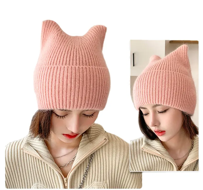 Cute Cat Ear Beanie Winter Warm Knitted Hat Soft Wool Crochet Skullies Beanies For Women Girl Little Devil Cosplay Halloween Cap