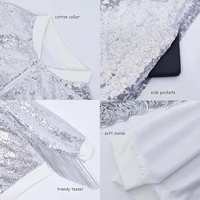 Blouson Bomber Argenté à Paillettes Entières et Franges pour Filles, Col en V, Manches Longues, Idéal pour Spectacles de Danse et Fêtes Hivernales