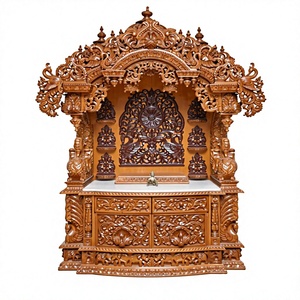 Designer Om Chakra Elegant Professional Classic Traditional Modern Teak Wood Pooja <b>Mandir</b> Home Temple Set with Elephant Carving - Product Image 6