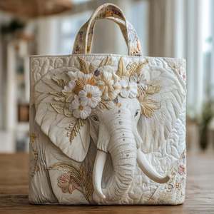 Bolso Tote de Hombro Unisex con Estampado Floral de Elefante y Bordado 3D, Cierre Deslizante, Acolchado, Dos Correas - Product Image 1