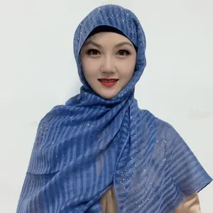 穆斯林棉水钻头巾实心条纹围巾伊斯兰头巾水晶头巾披肩和包裹围巾供应商