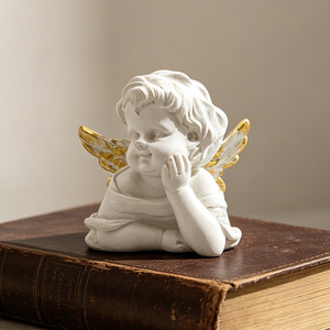 Coppia di Busto di Cherubini in Resina con Ali Dorate, Statuette di Angioletti Bianchi Antichi, Set Regalo per Decorazione Domestica da Tavolo - Product Image 3
