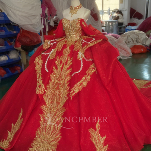 XS281 Elegant <b>Red</b> Sweetheart Neckline Embroidered <b>Sequined</b> Crystal Appliques Party Evening Ball Gown Dress Golden Lace Chapel - Product Image 2