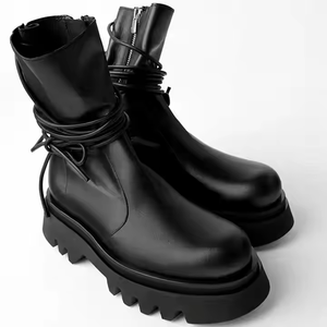 Mode à lacets femme <span class=keywords><strong>mi</strong></span>-<span class=keywords><strong>mollet</strong></span> <span class=keywords><strong>bottes</strong></span> Vintage bout rond en <span class=keywords><strong>cuir</strong></span> noir côté fermeture éclair plate-forme femmes <span class=keywords><strong>bottes</strong></span> de motard - Product Image 3