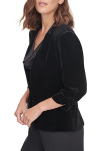 Customized New Fashion High Quality Classic V Neck Long Sleeves Hidden Breasted Fitted <strong>Black</strong> <strong>Velvet</strong> Blazer <strong>Jacket</strong> for Women - Product Image 2