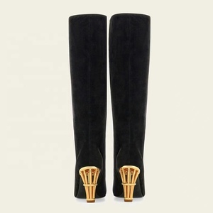 Women's Suede <b>Long</b> Boots High Chunky Cut Out Heels Square Toe Knee High Booties Straight Gold Heeled Shoes - Product Image 4