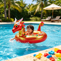 Bouée gonflable Dragon Chinois en PVC robuste et écologique, étanche et anti-fuite, rouge et or, pour enfant, été - Grande Vente