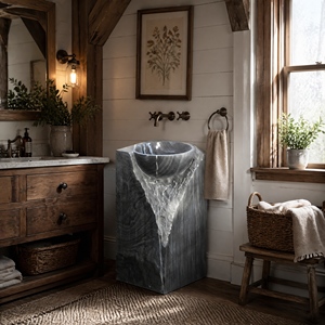 Poulars Wholesale Luxury Wall-mounted Natural Stone Man Made Wash Pedestal Hand Washing Sink Grey Wood Marble Stone Basin - Product Image 5