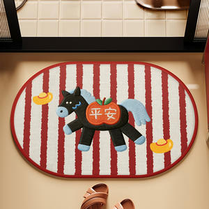 Tapis de salle de bain ovale, design cheval de dessin animé, imitation lin, absorbant, antidérapant pour salle de bain - Product Image 5