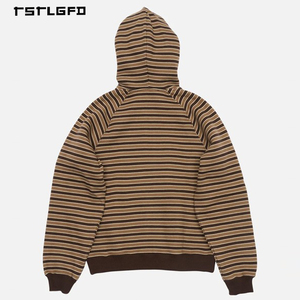 Sudadera con capucha y cremallera completa a rayas personalizada para hombre, con patrón <span class=keywords><strong>de</strong></span> rayas finas y puños acanalados en tonos tierra, para marca <span class=keywords><strong>de</strong></span> ropa <span class=keywords><strong>de</strong></span> etiqueta privada - Product Image 3