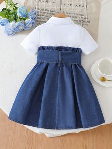 2025 Verão Novo Designer Casual <span class=keywords><strong>Kids</strong></span> <span class=keywords><strong>Wear</strong></span> Elegante Joelho-Comprimento da menina Vestido com Denim Patchwork em Cores Sólidas - Product Image 2