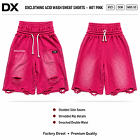 Shorts de survêtement personnalisés rose vif délavé à l'acide avec coutures latérales cloutées, déchirures effilées, taille double smockée, 320 g/m², style Y2K Streetwear OEM ODM