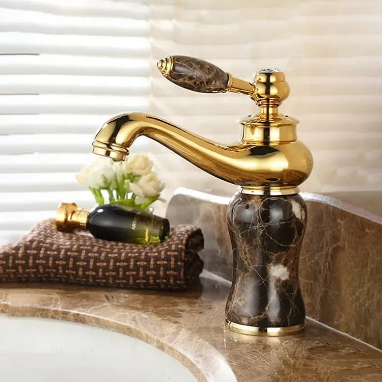 Luxury Gold Plated Bathroom Faucet Wash Basin Mixer with Jade