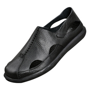 Aibois Men's Solid Leather Slides Open Toe Breathable Rubber Sole Genuine Leather Lining Casual <b>Sandals</b> - Product Image 4