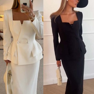 Haut de banlieue à manches longues pour femmes avec poches, encolure carrée, jupe, ensemble 2 pièces décontracté à la mode - Product Image 3