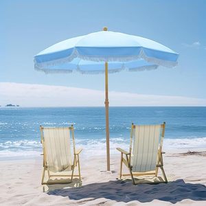 Parasol de patio bohème à franges avec motif bois, bouton d'inclinaison et protection UV, imperméable pour jardin/plage/terrasse - Product Image 1