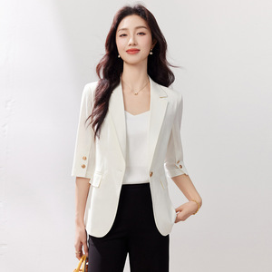 White Blazer For Women Solid Color Padded Shoulder Slim Fit Spring Autumn Commuting Style - Product Image 4