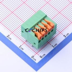 JL141R-25405GA1 Spring Terminal Block Bent Lead Through Hole,P=2.54mm Connector 1x5P 2.54mm Green Right Angle Insert - Product Image 1