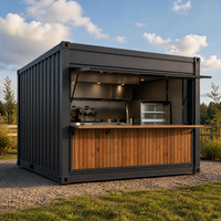 Unité de café-bar en conteneur, comptoir de service vitré, base revêtue de bois, kiosque modulaire pour terrasse extérieure et événements