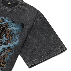 Camisetas de Algodón Transpirable para Hombre, Estilo Streetwear, Lavado Ácido Negro, de Alta Calidad, con Estampado DTG de Lobo Dentado Personalizado, para Venta al Por Mayor - Product Image 5